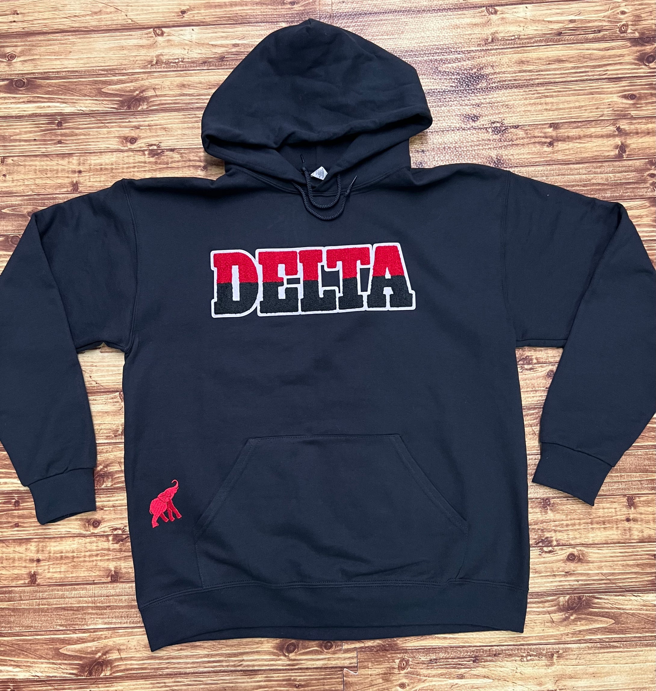 DST Hoodie with Two Tone Delta and embroidered Red elephant.