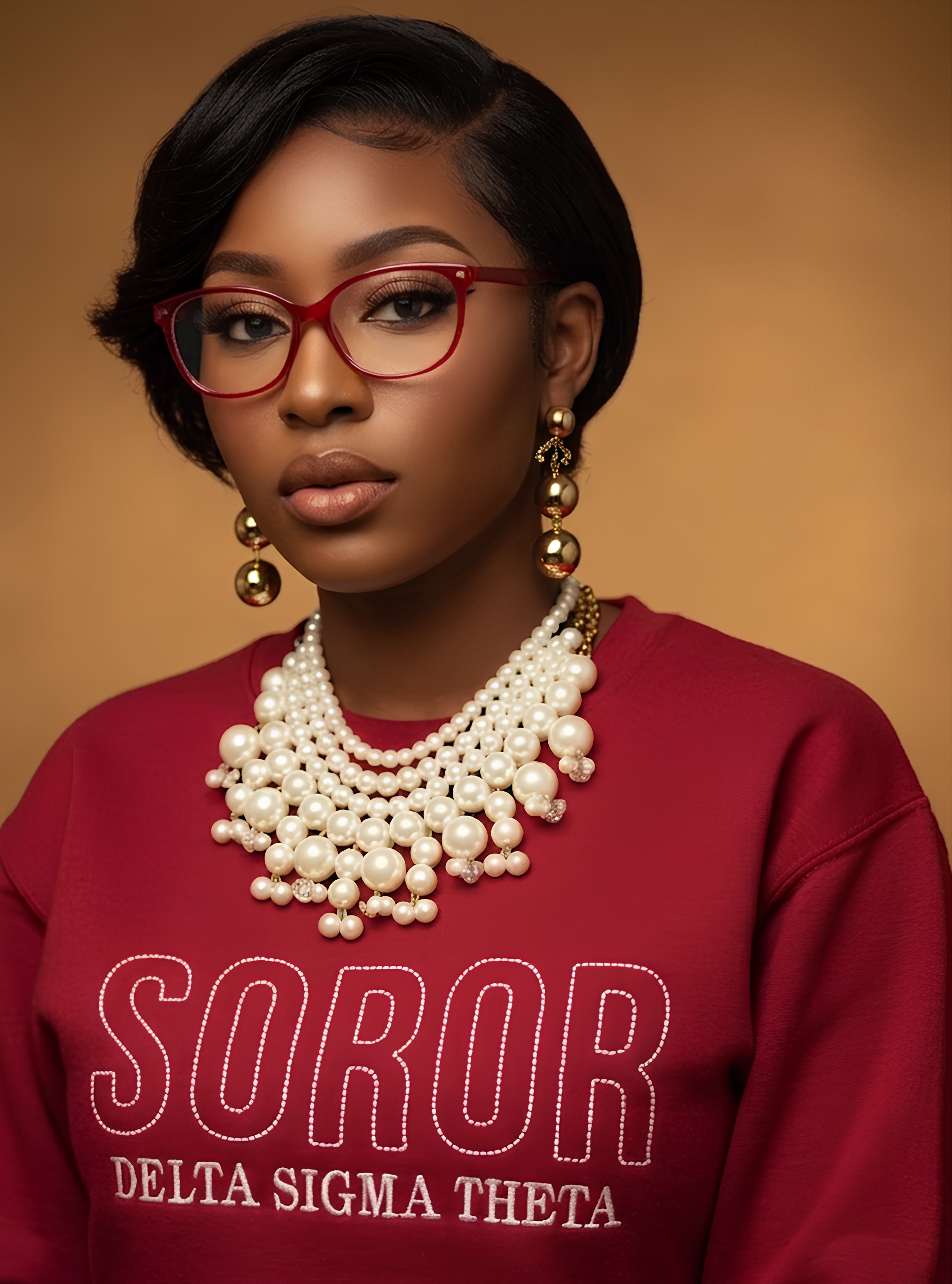 Woman wearing a red sweatshirt with 'Soror Delta Sigma Theta' text against a brown background