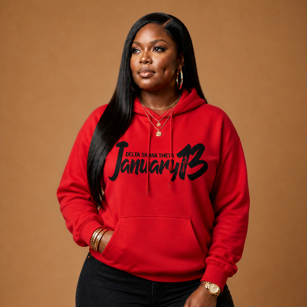 Woman wearing a red hoodie with text on a brown background