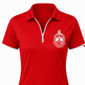 Red and white polo shirts with a logo on a white background