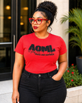 Woman wearing a red t-shirt with 'AOML' text, standing outdoors.