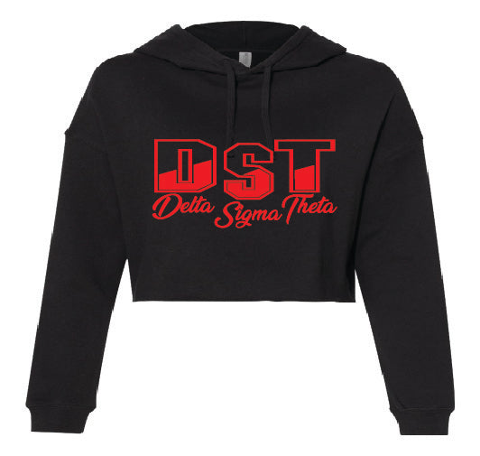 Black cropped hoodie with 'DST Delta Sigma Theta' text in red on the front.