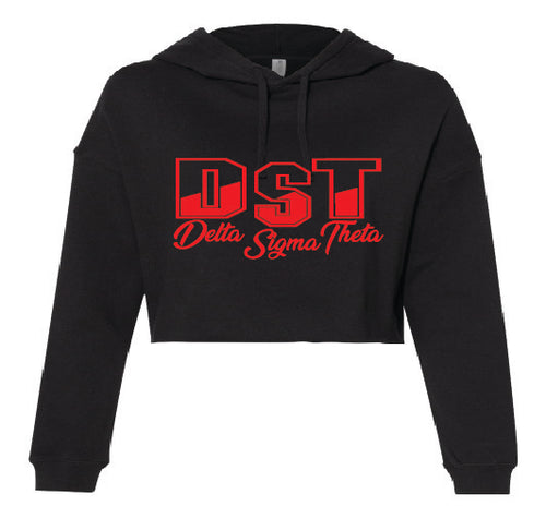 Black cropped hoodie with 'DST Delta Sigma Theta' text in red on the front.